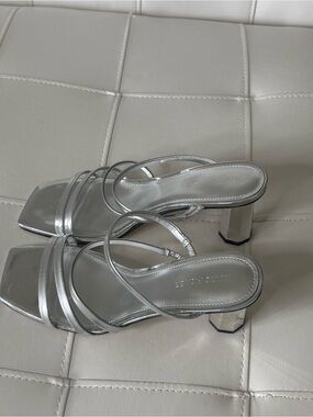 Marc Fisher Silver Strappy Block Heel Slide Sandals